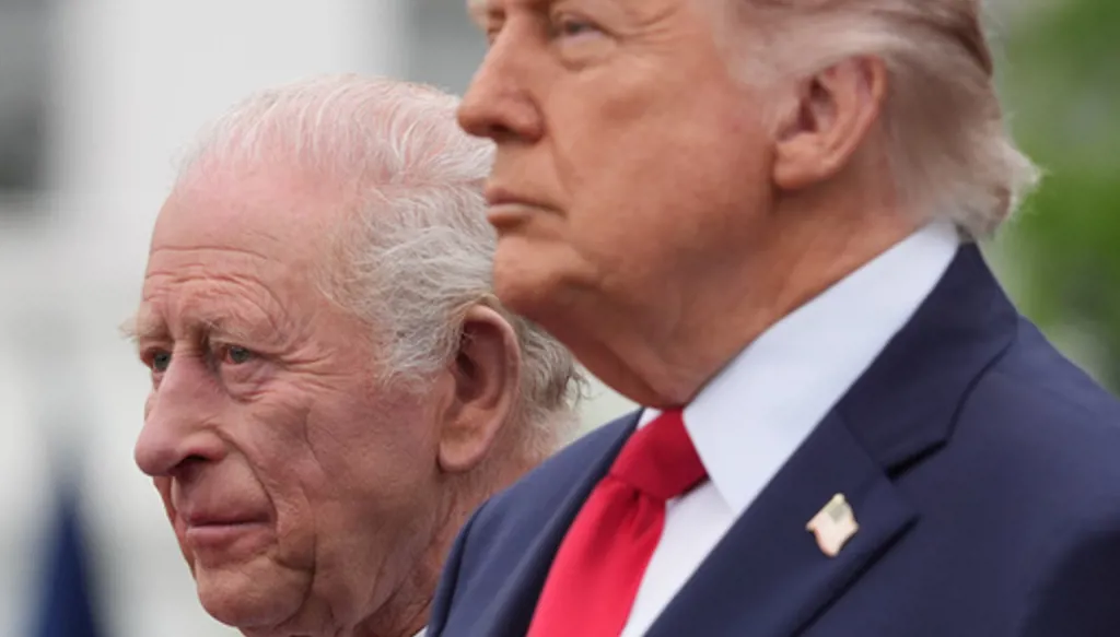 President Donald Trump and Britain's King Charles III, stand together during a State Visit arrival ceremony on the South Lawn of the White House, Tuesday, April 28, 2026, in Washington. (AP Photo/Mark Schiefelbein)