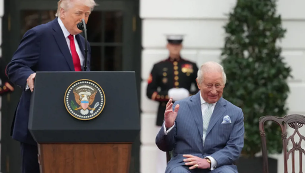 Britain's King Charles III listens as President Donald Trump speaks during a State Visit arrival ceremony on the South Lawn of the White House, Tuesday, April 28, 2026, in Washington. (AP Photo/Alex Brandon)