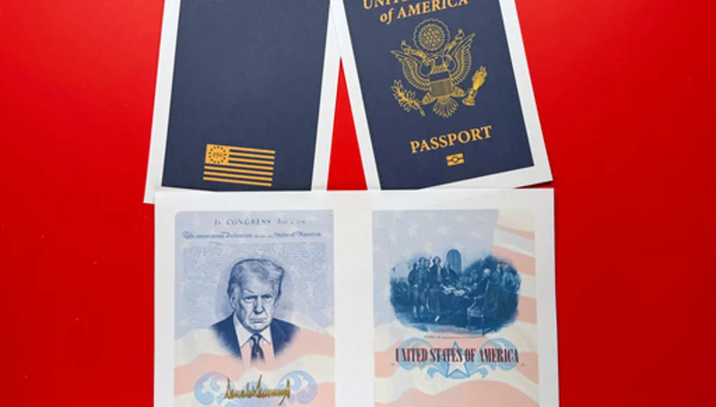 A sample of a limited release of a commemorative U.S. passport that celebrates America's 250th birthday and features a picture of President Donald Trump, is photographed Tuesday, April 28, 2026. (AP Photo/Jon Elswick)