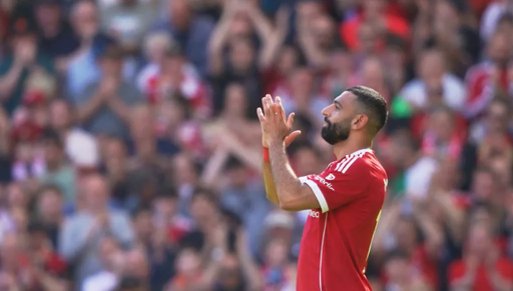 Liverpool's Mohamed Salah leaves the pitch after being substituted during the English Premier League soccer match between Liverpool and Crystal Palace in Liverpool, England, Saturday, April 25, 2026. (AP Photo/Ian Hodgson)