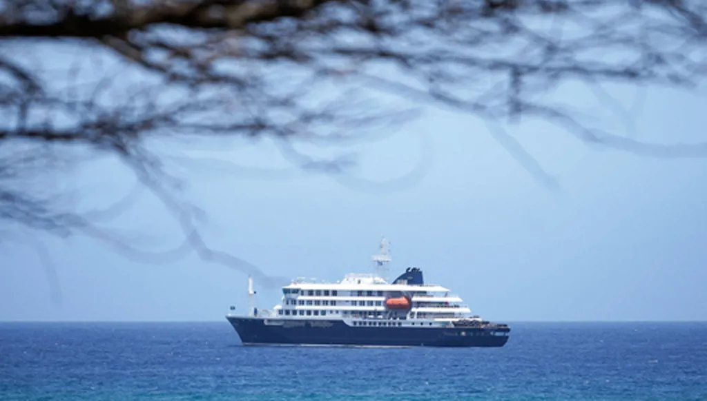 The MV Hondius cruise ship is anchored at a port in Praia, Cape Verde, Monday, May 4, 2026. (AP Photo/Arilson Almeida)
