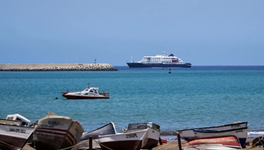 The MV Hondius cruise ship is anchored at a port in Praia, Cape Verde, Monday, May 4, 2026. (AP Photo/Arilson Almeida)