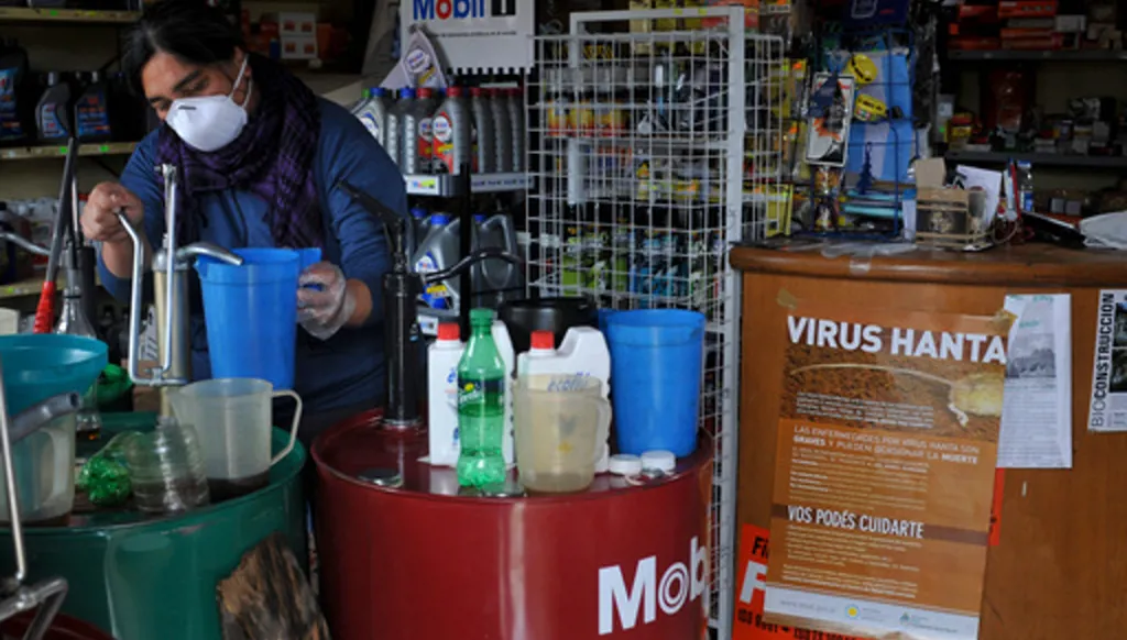 FILE - A woman works at her shop in Epuyen, Argentina, Friday, Jan. 11, 2019, after an outbreak of hantavirus. (AP Photo/Gustavo Zaninelli, File)