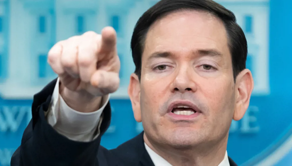 Secretary of State Marco Rubio gestures during a press briefing at the White House in Washington, Tuesday, May 5, 2026. (AP Photo/Mark Schiefelbein)