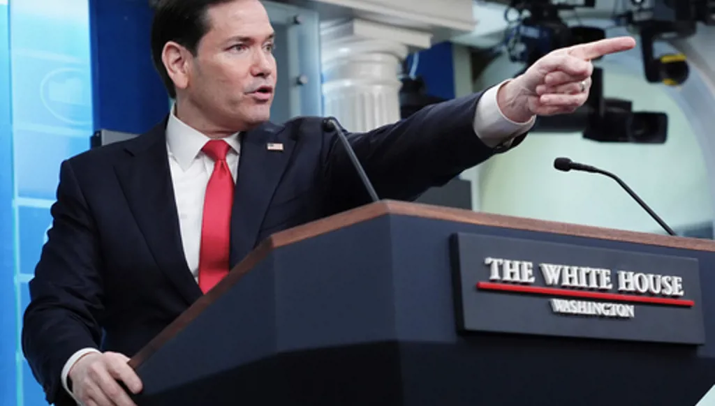 Secretary of State Marco Rubio calls on a reporter in the James Brady Press Briefing Room at the White House, Tuesday, May 5, 2026, in Washington. (AP Photo/Jacquelyn Martin)
