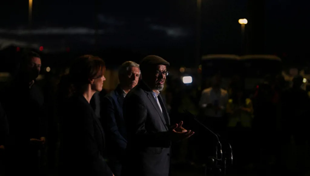 Tedros Adhanom Ghebreyesus, Director-General of the World Health Organization, speaks to the media near the area where passengers from the MV Hondius are expected to arrive at the port of Port of Granadilla in Tenerife, Saturday, May 9, 2026. (AP Photo/Manu Fernandez)