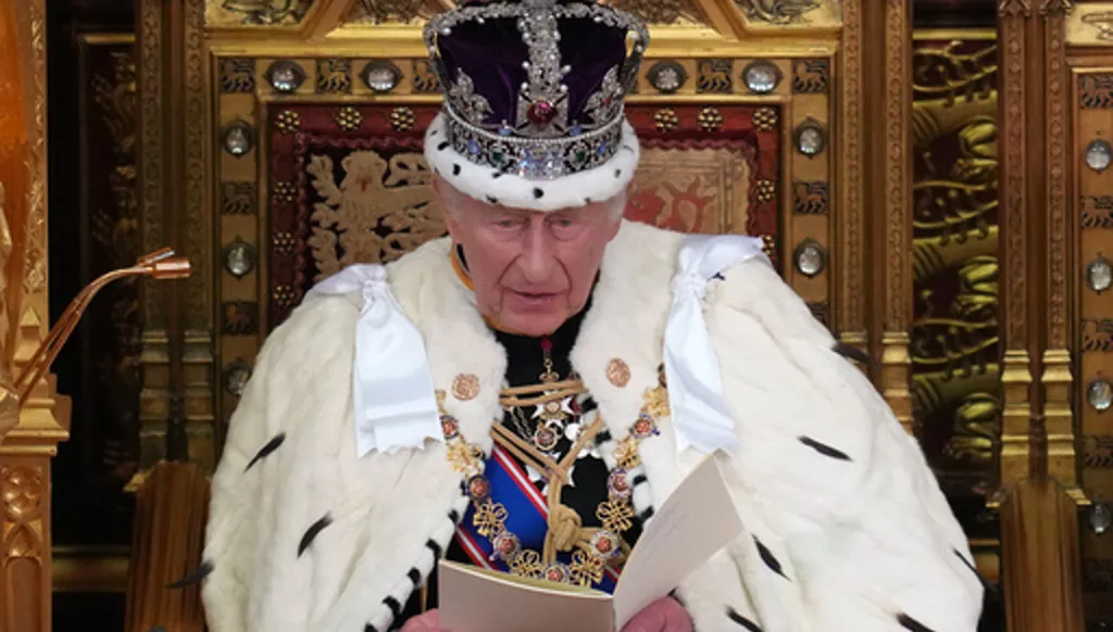 Britain's King Charles III reads out during the State Opening of Parliament at the Palace of Westminster in London, Wednesday, May 13, 2026.(AP Photo/Kirsty Wigglesworth, Pool)