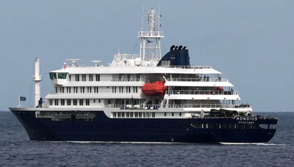 The MV Hondius cruise ship departs the port in Praia, Cape Verde, Wednesday, May 6, 2026. (AP Photo/Misper Apawu)
