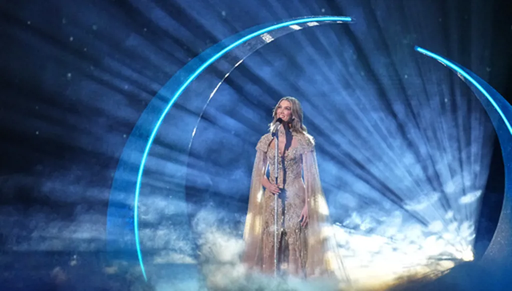Delta Goodrem from Australia performs the song "Eclipse" during the Grand Final of the 70th Eurovision Song Contest in Vienna, Austria, Saturday, May 16, 2026. (AP Photo/Martin Meissner)