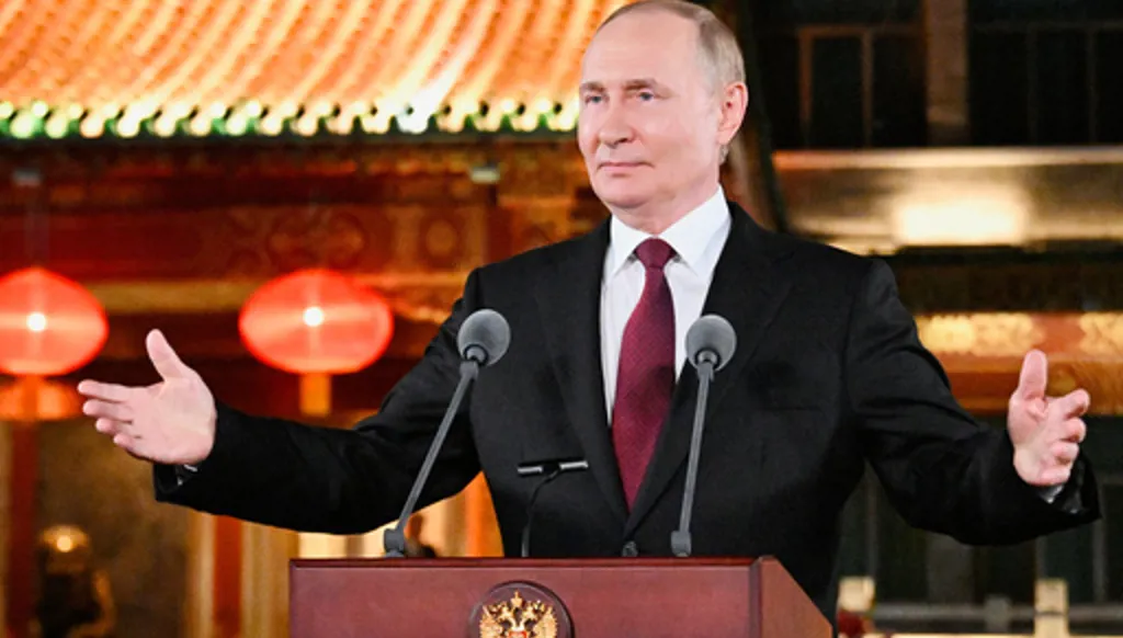FILE - Russian President Vladimir Putin gestures during a news conference, at the end of his visit to China for the Tianjin SCO Summit and the military parade to mark the 80th anniversary of the end of World War Two, in Beijing, Sept. 3, 2025. (Sergei Bobylev, Sputnik, Kremlin Pool Photo via AP, File)