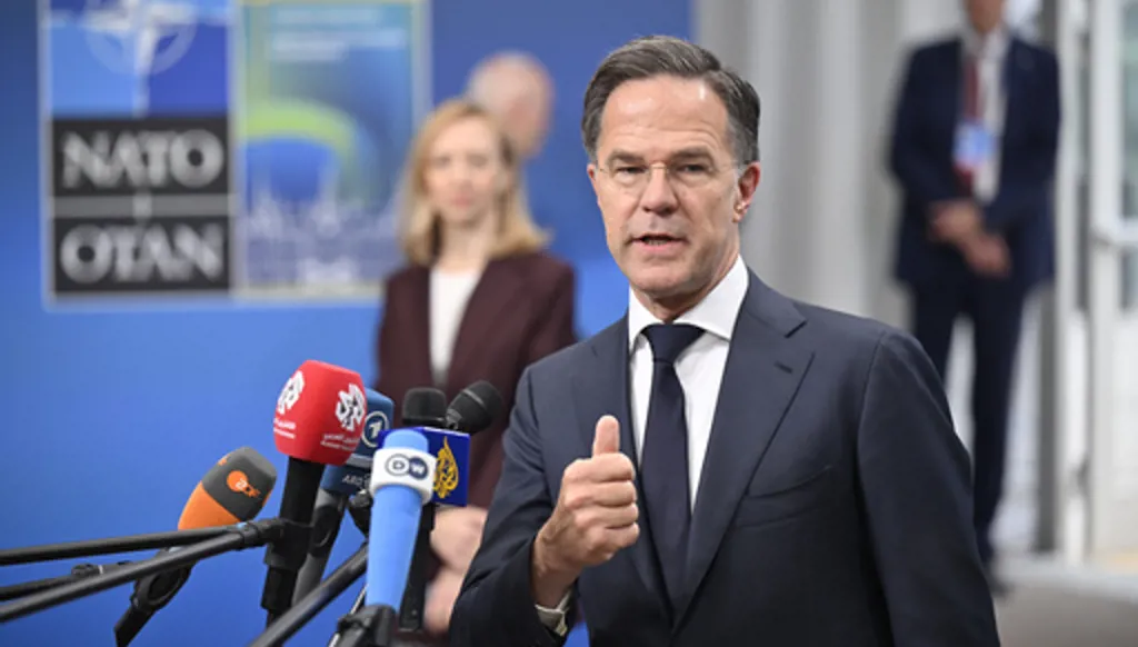 NATO Secretary General Mark Rutte speaks to media at the NATO Foreign Ministers' meeting in Helsingborg, Sweden, Friday, May 22, 2026. (Johan Nilsson/TT News Agency via AP)