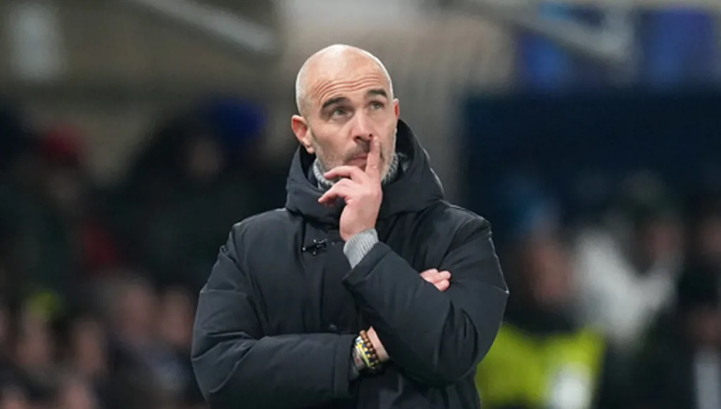 FILE - Then Chelsea's head coach Enzo Maresca reacts during the Champions League opening phase soccer match between Atalanta and Chelsea, in Bergamo, Italy, Dec. 9, 2025. (AP Photo/Antonio Calanni, File)
