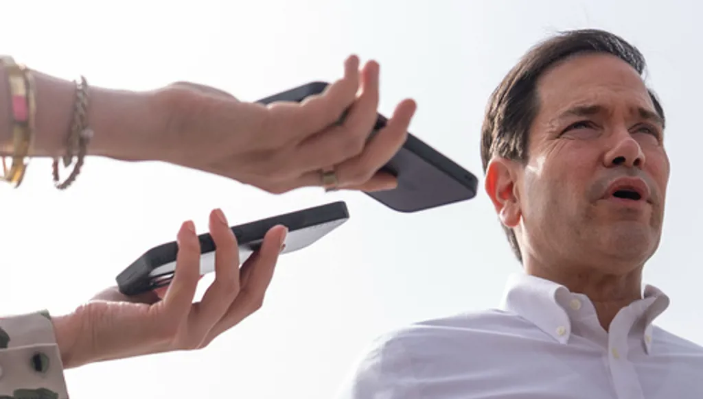 United States Secretary of State Marco Rubio speaks to the journalists before boarding his plane at Indira Gandhi International Airport in New Delhi, India, Monday, May 25, 2026. (AP Photo/Julia Demaree Nikhinson, Pool)