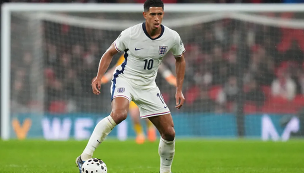 FILE - England's Jude Bellingham during a World Cup qualifier group K soccer match between Serbia and England in London, Thursday, Nov. 13, 2025. (AP Photo/Kirsty Wigglesworth, File)