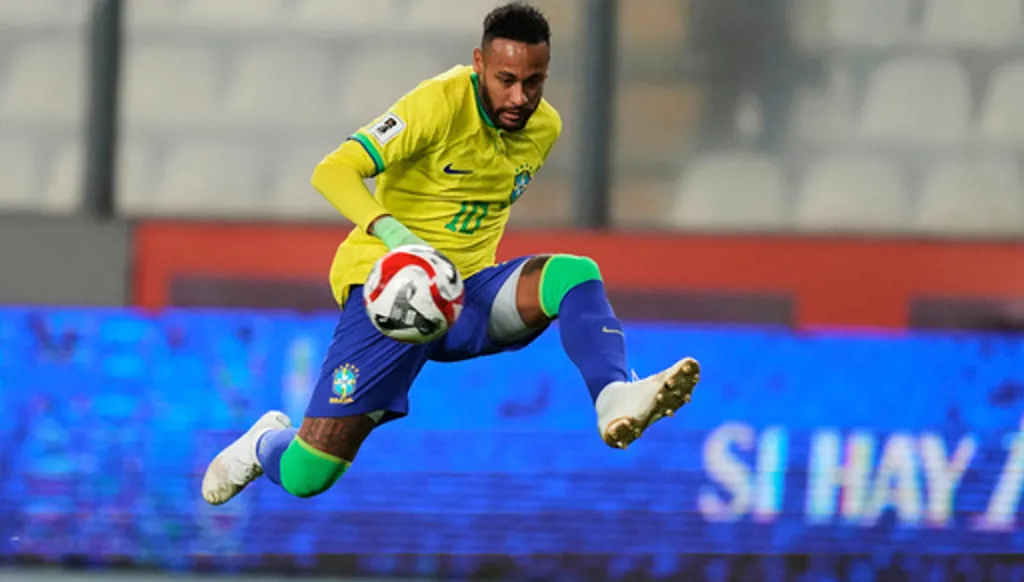 FILE- Brazil's Neymar controls the ball during a World Cup qualifying soccer match against Peru at National stadium in Lima, Peru, Tuesday, Sept. 12, 2023. (AP Photo/Martin Mejia, File)