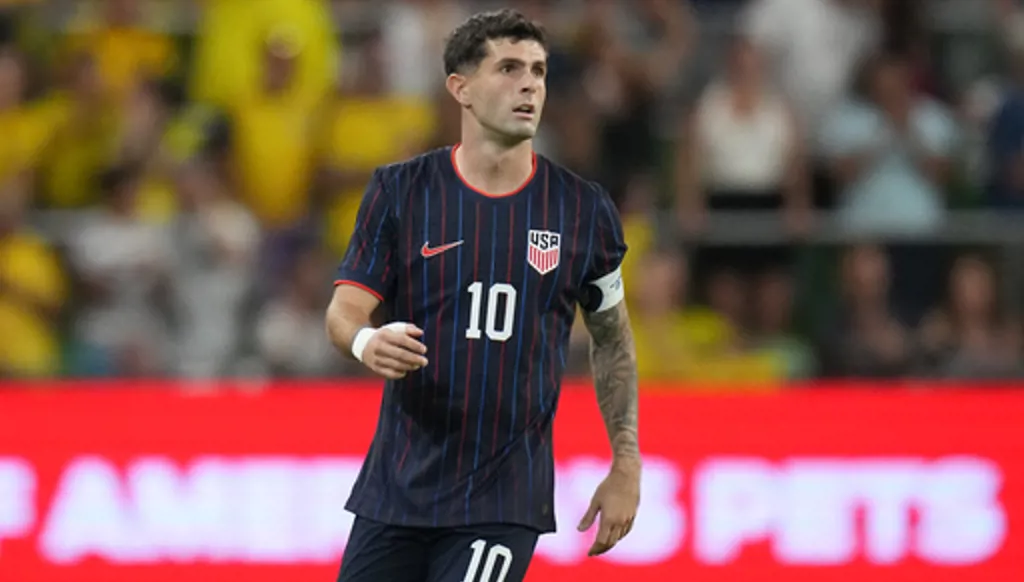FILE - United States Christian Pulisic (10) during the second half of an international friendly soccer match against Ecuador in Austin, Texas, Friday, Oct. 10, 2025. (AP Photo/Eric Gay, File)