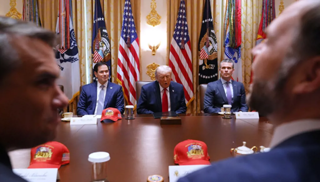 President Donald Trump, next to Secretary of State Marco Rubio, left, and Secretary of Defense, Pete Hegseth, right, speaks during a Cabinet meeting at the White House, Wednesday, May 27, 2026, in Washington, as Acting Attorney General Todd Blanche, front left, and Vice President JD Vance, front right, look on. (AP Photo/Jacquelyn Martin)