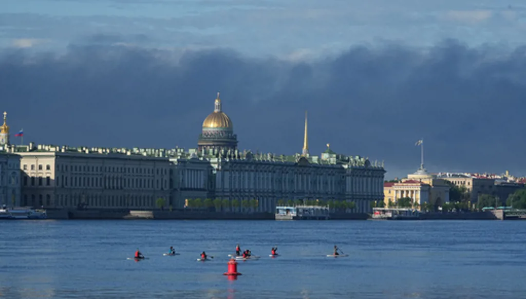 Plumes of black smoke are seen over St.Petersburg, Russia, Wednesday, June 3, 2026, after a Ukrainian drone attack. (AP Photo)