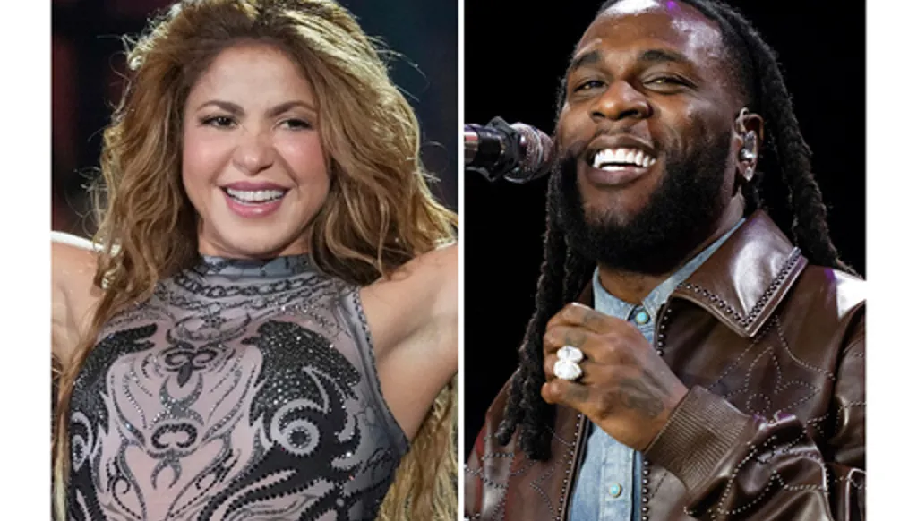 Shakira performs during the Global Citizen Festival in New York on Sept. 27, 2025, left, and Burna Boy performs during the Glastonbury Festival in Somerset, England, on June 30, 2024. (AP Photo)