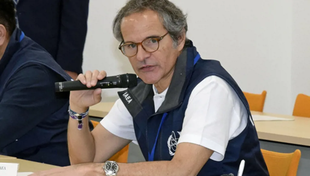 International Atomic Energy Agency Director General Rafael Grossi speaks during a meeting with Tokyo Electric Power Company Holdings officials at Fukushima Daiichi nuclear power plant in Okuma, Fukushima pferfecture, Japan Wednesday, June 24, 2026. (Kyodo News via AP)