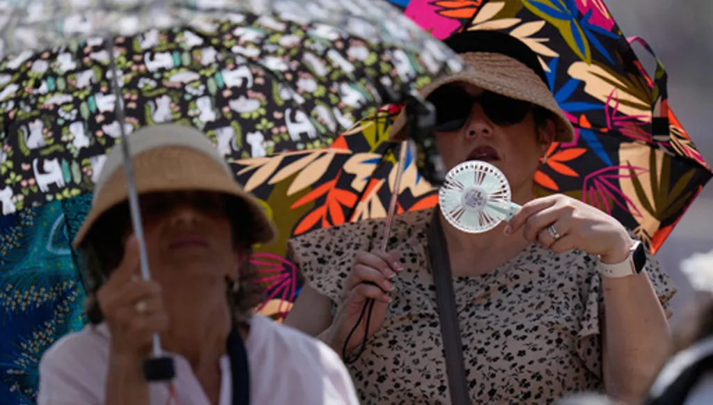 Faithful shelter from the hot sun as Pope Leo's XIV arrives for his weekly general audience in St. Peter's Square at The Vatican, Wednesday, June 24, 2026. (AP Photo/Alessandra Tarantino)