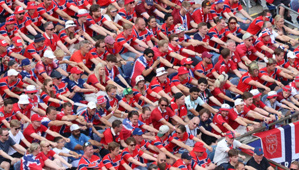 Norwegian fans perform a viking boat row during the World Cup Group I soccer match between Norway and France in Foxborough, Mass., near Boston, Friday, June 26, 2026. (AP Photo/Mark Stockwell)