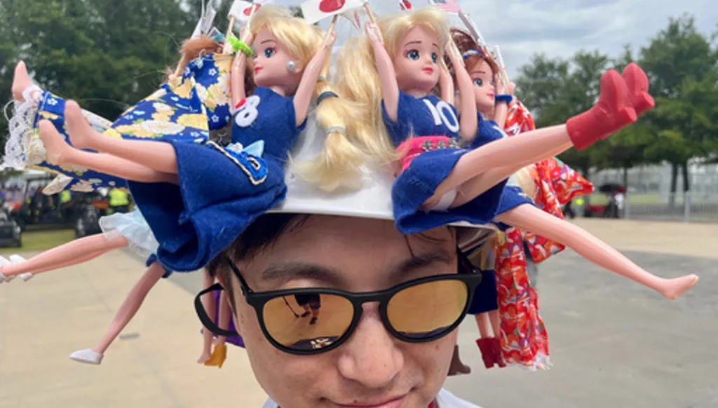 Japan fan Hiroaki Nakazawa poses before the team's World Cup match against Sweden in Arlington, Texas, Thursday, June 25, 2026. (AP Photo/Thomas Peipert)