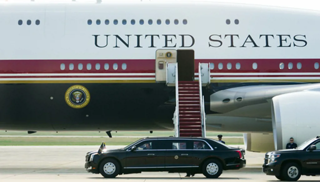 The presidential limousine, with President Donald Trump inside, arrives in front of the new Air Force One, Wednesday, July 1, 2026, at Joint Base Andrews, Md. (AP Photo/Julia Demaree Nikhinson)