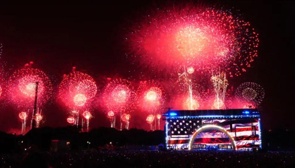 Des personnes assistent à un spectacle de feux d’artifice lors de « Salute to America », un événement de la fête de l’Indépendance célébrant le 250ᵉ anniversaire des États-Unis, le dimanche 5 juillet 2026, sur le National Mall à Washington. (Photo AP/Julia Demaree Nikhinson)