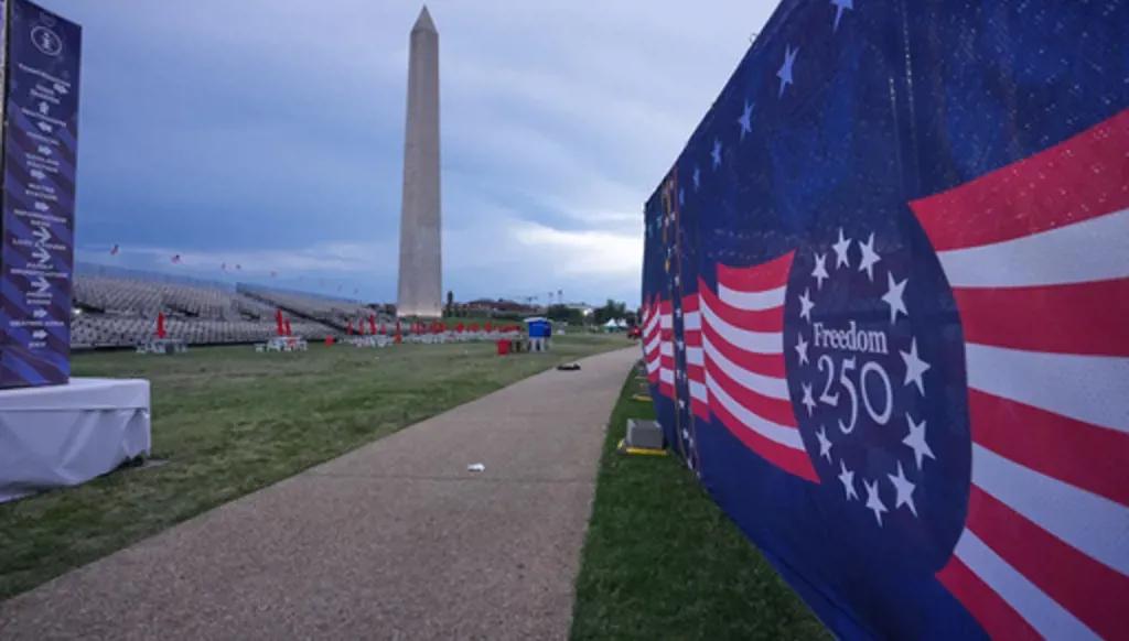 The Salute to America stage is empty after the area was evacuated because of incoming storms at the Independence Day event honoring the nation's 250th anniversary, Saturday, July 4, 2026, on the National Mall in Washington. (AP Photo/Alex Brandon)