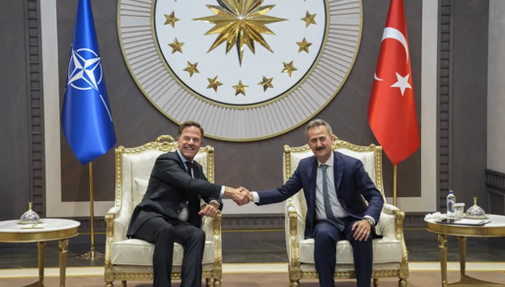 NATO Secretary General Mark Rutte, left, meets with Turkish Presidential Defense Industries Directorate Haluk Gorgun as he arrives ahead of the NATO Summit in Ankara, Turkey, Monday, July 6, 2026. (Osmancan Gürdoğan, Pool Photo via AP)