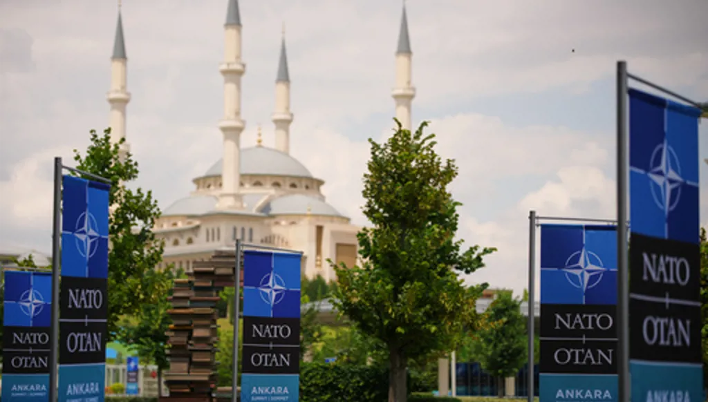 NATO banners in front of the Bestepe National Mosque ahead of the NATO Summit in Ankara, Turkey, Monday, July 6, 2026. (AP Photo/Emrah Gurel)