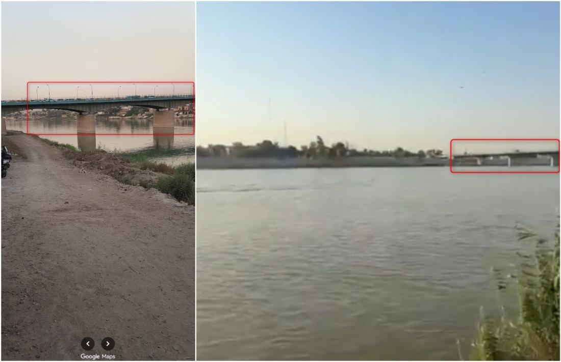 مقارنة بين لقطة من الفيديو المتداول (يمين) ولقطة من خدمة خرائط غوغل (يسار) مع اضافة اشارة إلى العنصر المتطابق