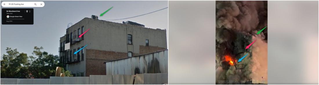 مقارنة بين لقطة من الفيديو المتداول (يمين) وصورة من خرائط غوغل (يسار) مع إضافة إشارات للعناصر المطابقة