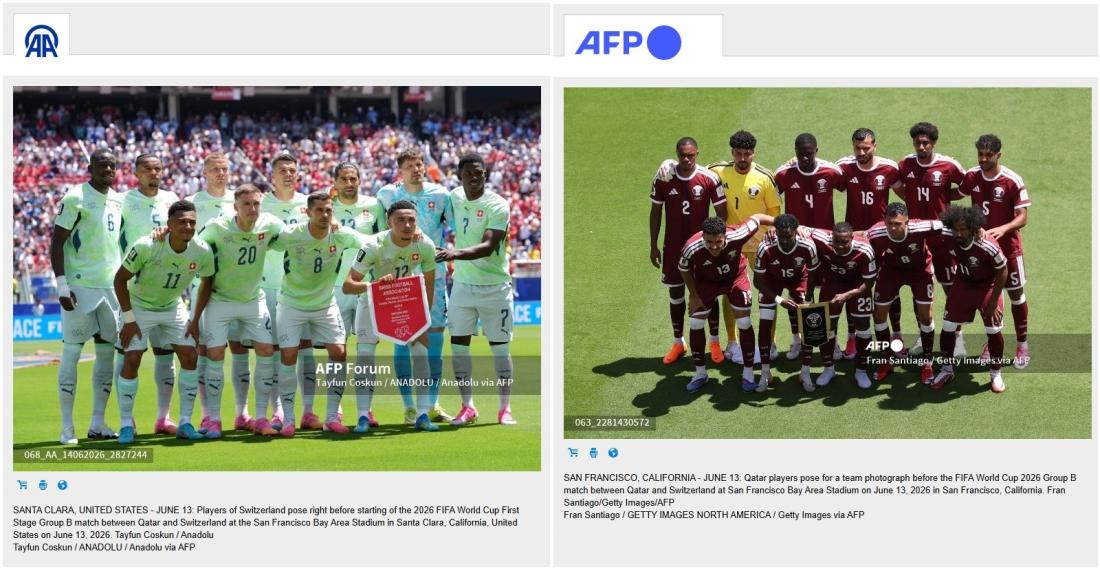 صورتان ملتقطتان من موقع AFP Forum تُظهران لاعبي المنتخبين القطري (يمين) والسويسري (يسار) قبل انطلاق المباراة التي جمعتهما في مونديال 2026.