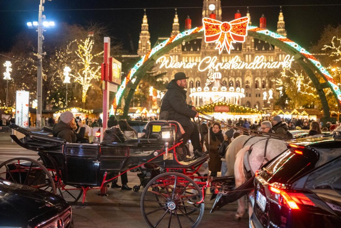 عربة خيول خارج سوق الميلاد أمام مبنى بلديّة فيينا، النمسا، في 27 تشرين الناني/نوفمبر 2025. (AFP / Joe Klamar)