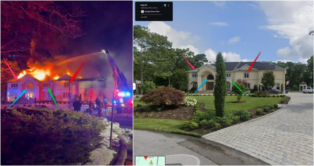 مقارنة بين لقطة من الفيديو المتداول (يسار) ولقطة للمنزل نفسه عبر خدمة خرائط غوغل (يمين) مع إضافة إشارات باتجاه العناصر المتطابقة
