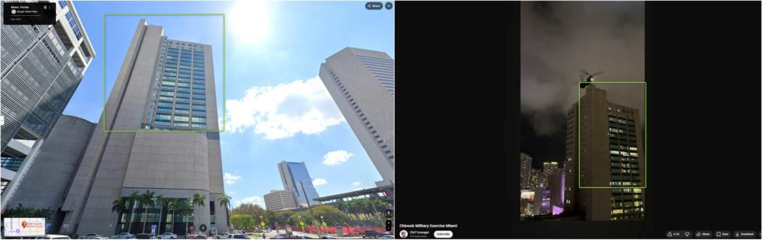مقارنة بين لقطة من موقع يوتيوب (يمين) ولقطة من خرائط غوغل (يسار) مع إضافة إشارة للمبنى المتطابق