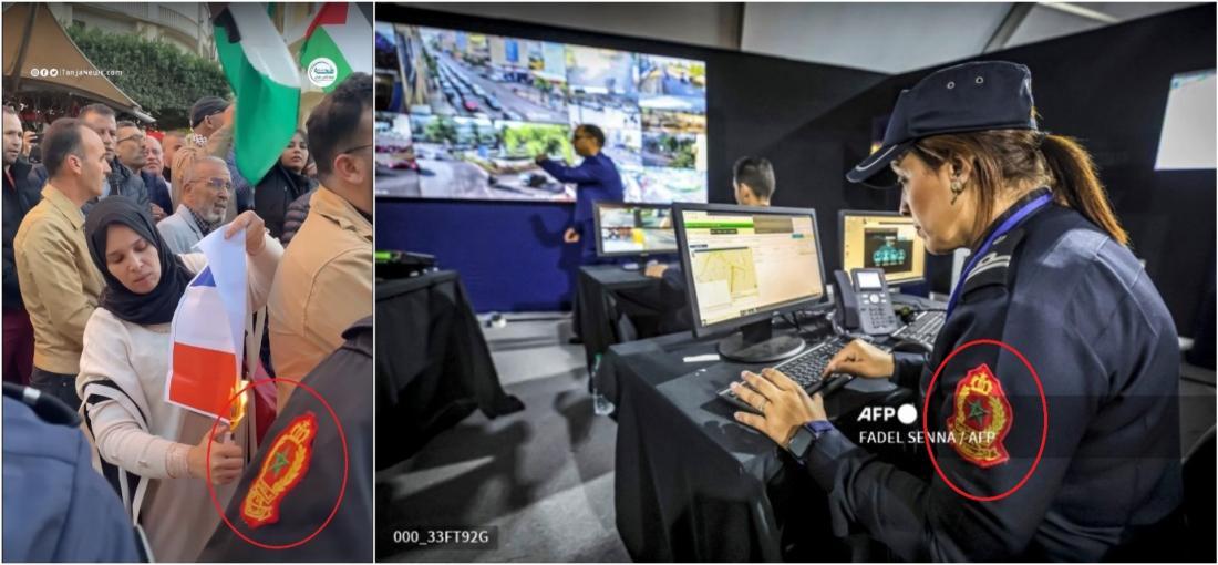 مقارنة بين صورة ملتقطة من موقع Afp forum (يمين) ولقطة من فيديو عن يوتيوب (يسار) مع اضافة إشارات لتطابق شعار الشرطة المغربية