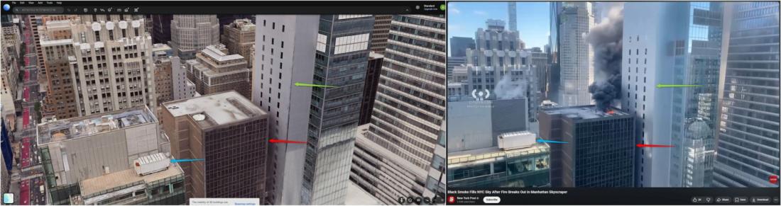 مقارنة بين لقطة من الفيديو على موقع يوتيوب (يمين) ولقطة من خدمة خرائط غوغل (يسار) مع إضافة إشارات للعناصر المطابقة