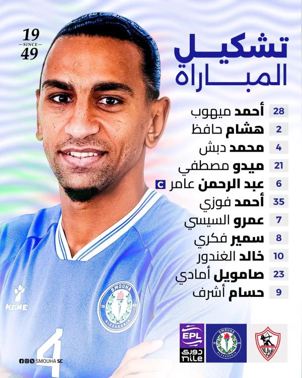 تشكيلة سموحة لمواجهة الزمالك في الدوري المصري.