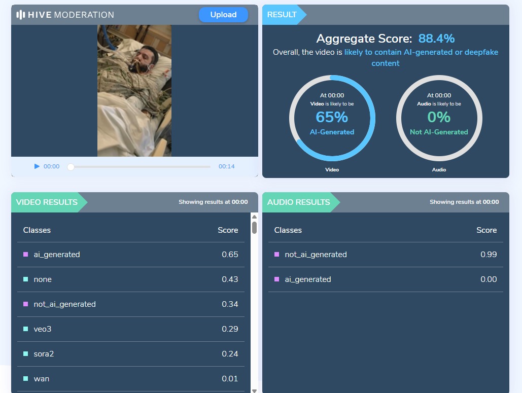 نتيجة فحص الفيديو في موقع Hive Moderation