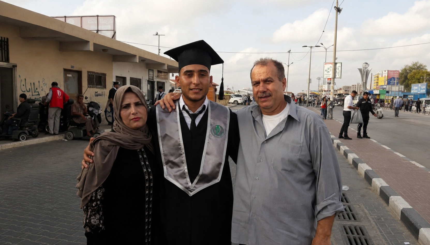 سيف الدين الحرازين متوسطاً والدَيه في يوم تخرجه، قبل اختفائه في آذار/مارس 2024. (النهار)