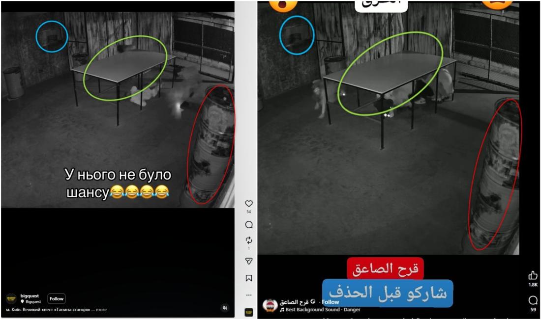 مقارنة بين لقطة من موقع إنستغرام ولقطة من الفيديو المتداول مع إضافة إشارات للعناصر المتطابقة