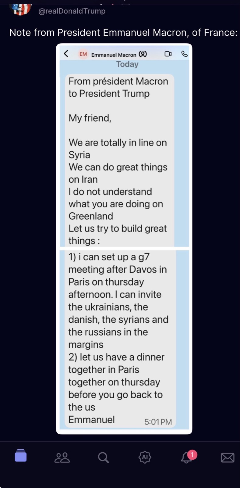 صورة نشرها ترامب لرسالة ماكرون (إكس).