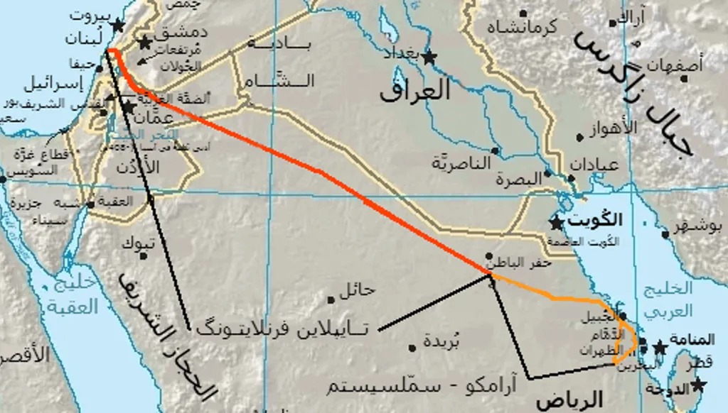 خارطة تظهر خط أنبوب النفط الممتد كركوك في العراق الى بانياس في سوريا فطرابلس في لبنان .