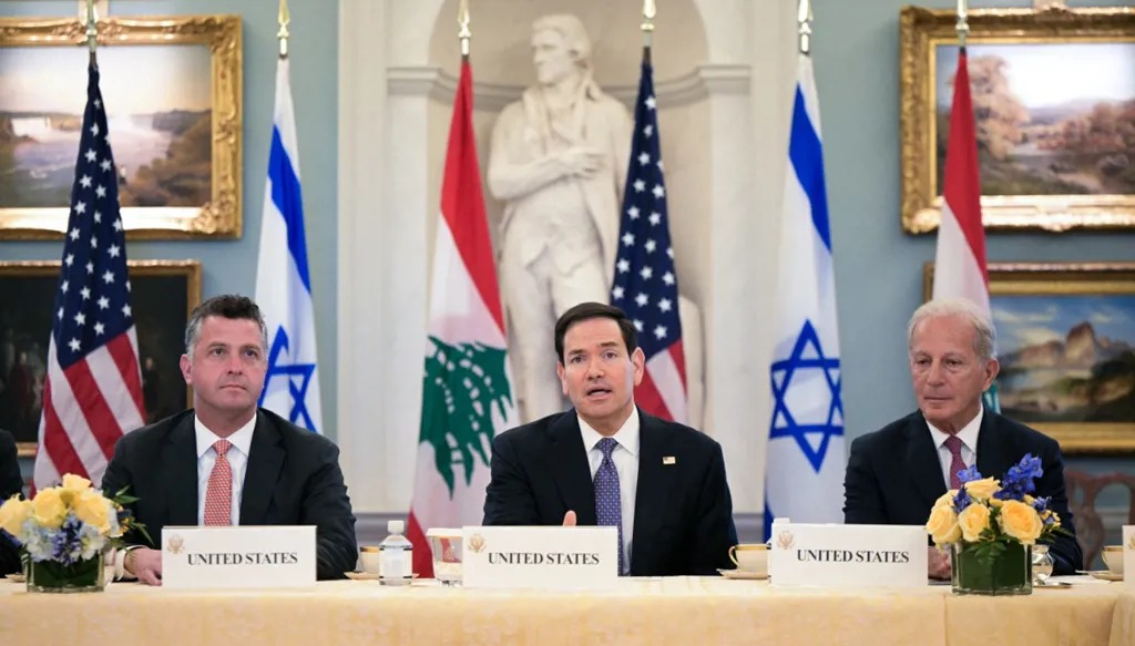 اللقاء الثلاثي الأميركي اللبناني الإسرائيلي الأول في واشنطن (أ ف ب).