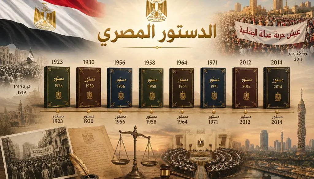 صورة تعبيرية مصممة بالذكاء الاصطناعي لتعاقب الدساتير في مصر. (النهار)