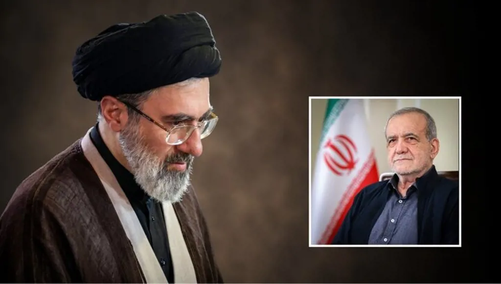 صورة مركّبة نشرتها وكالة "مهر" الإيرانية لخامنئي وبزشكيان.