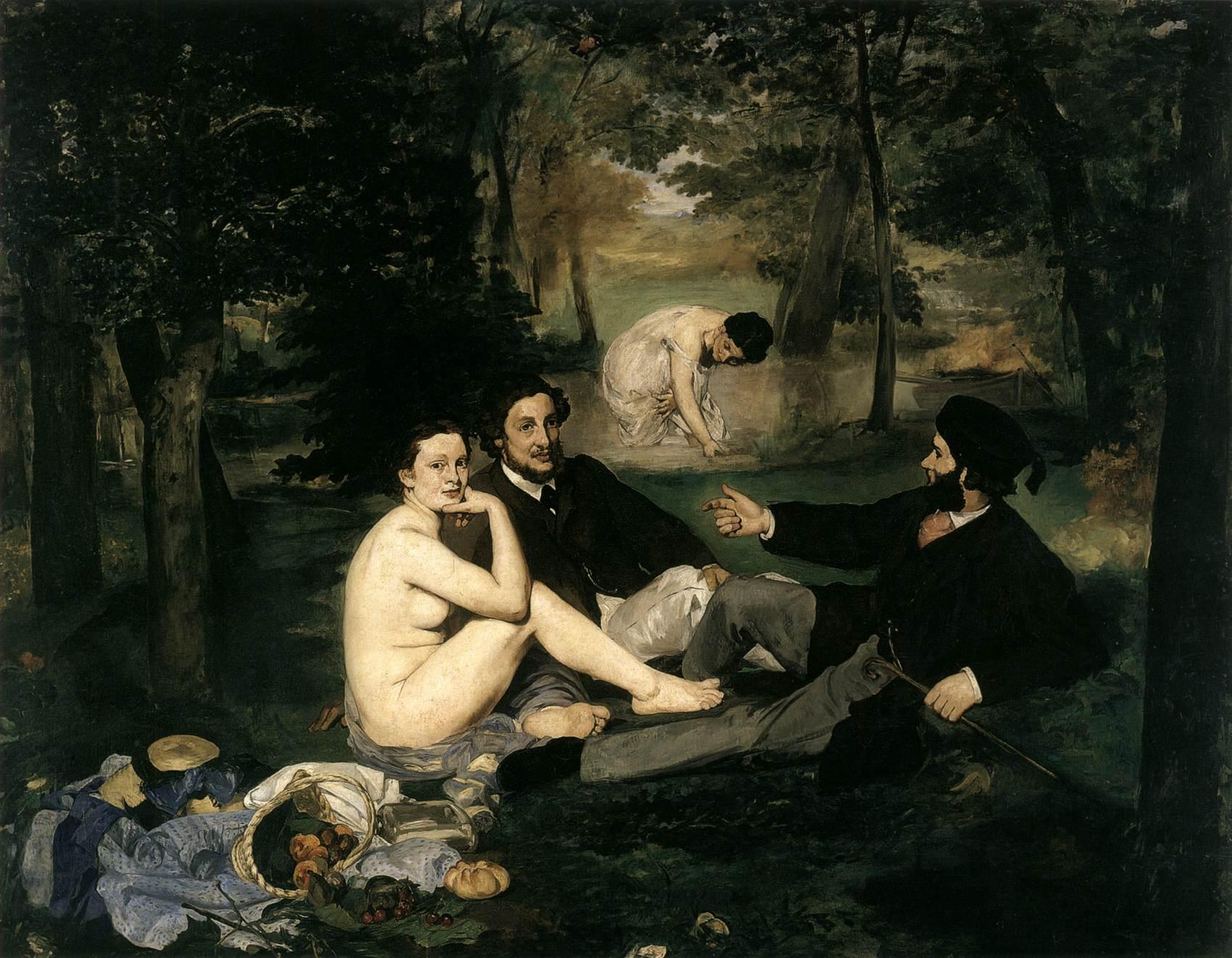 لوحة غداء على العشب لإدوار مانيه، التي أثارت جدلاً واسعاً عند عرضها في باريس عام 1863. (متحف أورسيه)